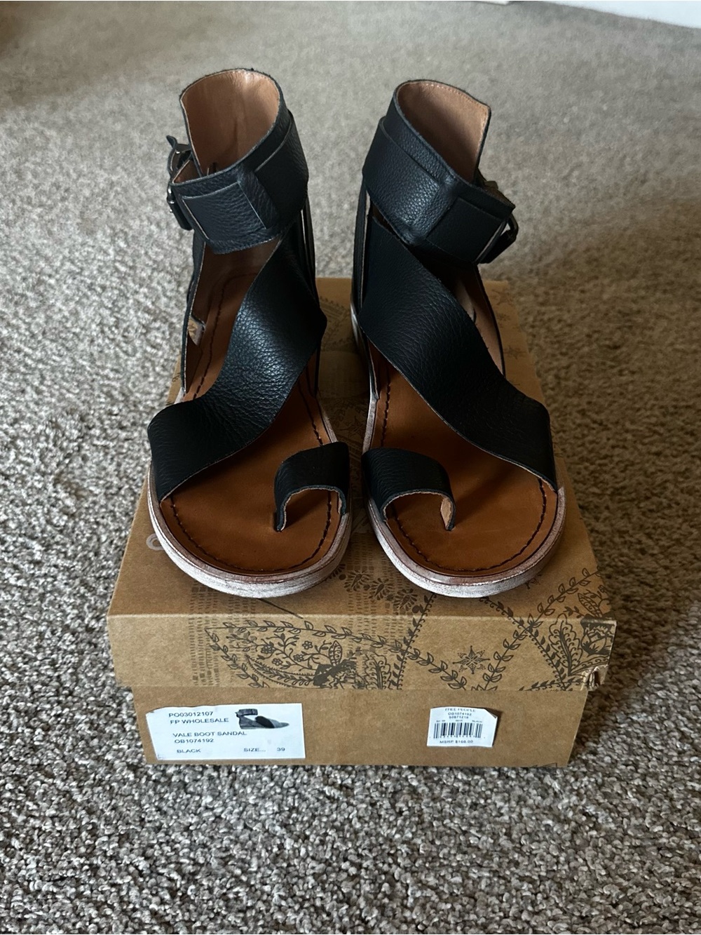 Free People Black Leather Wrap Toe Ankle Strap Sandals
